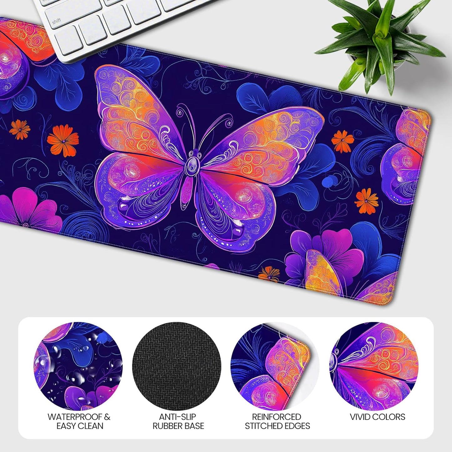 35.4 x 15.7 inches, Large Desktop Mouse pad, Keyboard and Mouse Pads for Work and Home Computers, and Large Laptop Mouse mat，Purple Butterflies