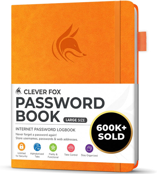 Clever Fox Password Book with alphabetical tabs. Internet Address Organizer Logbook. Large Password Keeper for Website Logins (Yellow)
