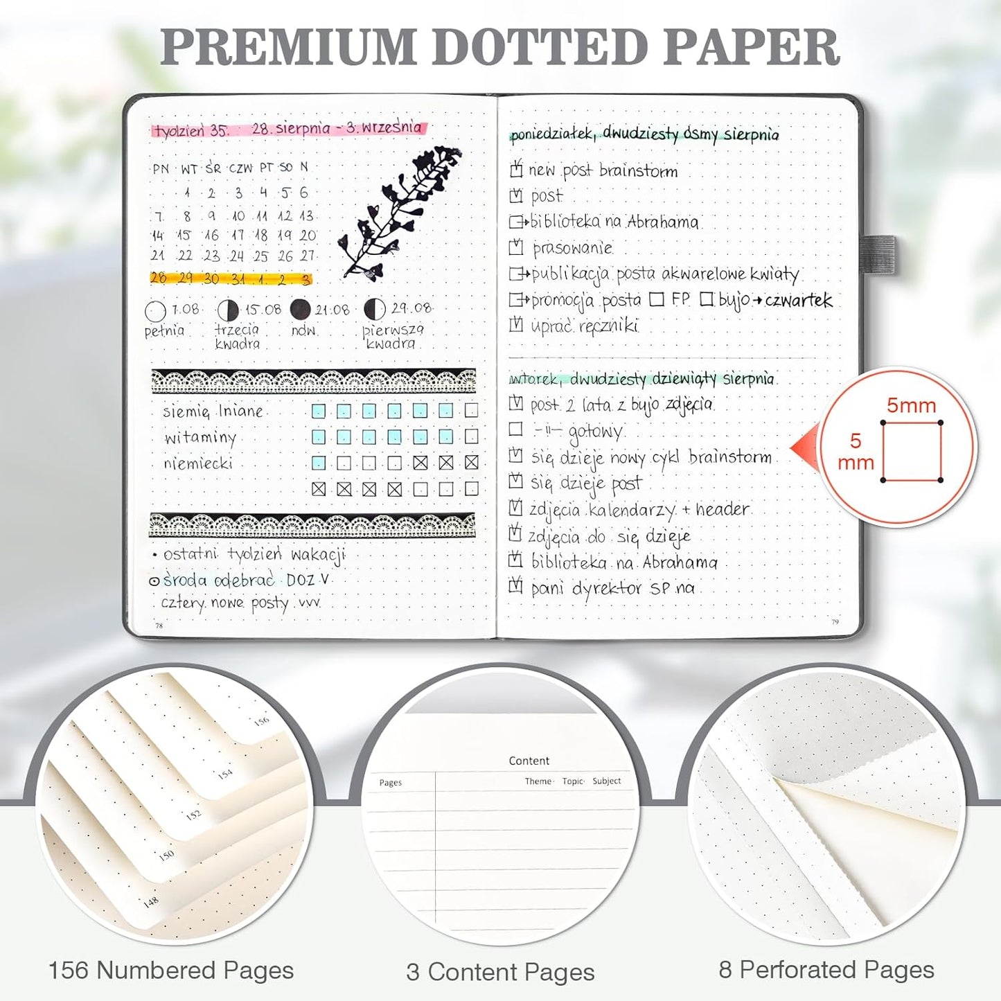 Bullet Dotted Journal Notebook 3 Pack, A5 Dotted Journal with 120gsm Paper, Leather Dotted Notebook, Hardcover Dot Grid Notebook Each with 156 Nmubered Pages, Dot Journal for Women, Men 5.75" × 8.38"