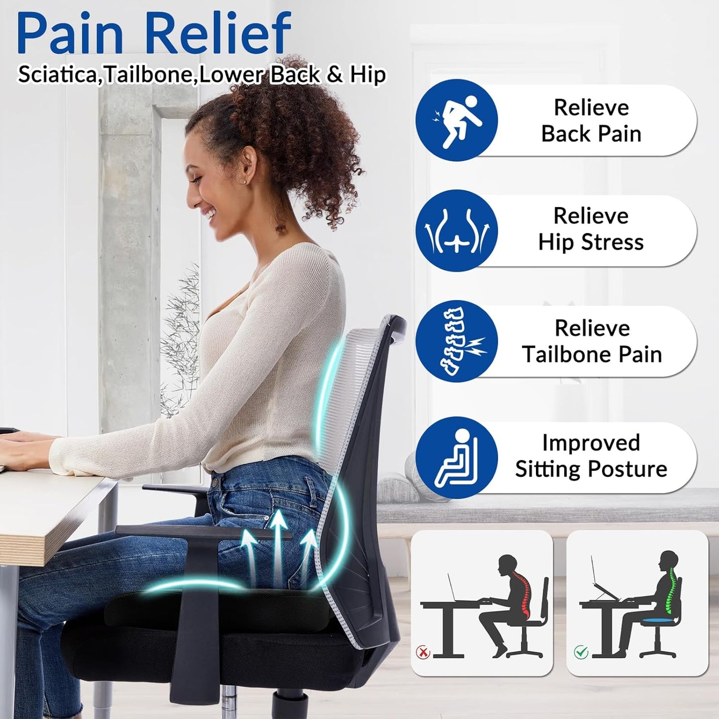 Ergonomic Memory Foam Seat Cushion for Office Chair, Extra Large Pad with U-Shaped Design for Pressure Relief, Coccyx Sciatica & Back Pain Relief, for Home, Car Long Sitting (Black/Gray)