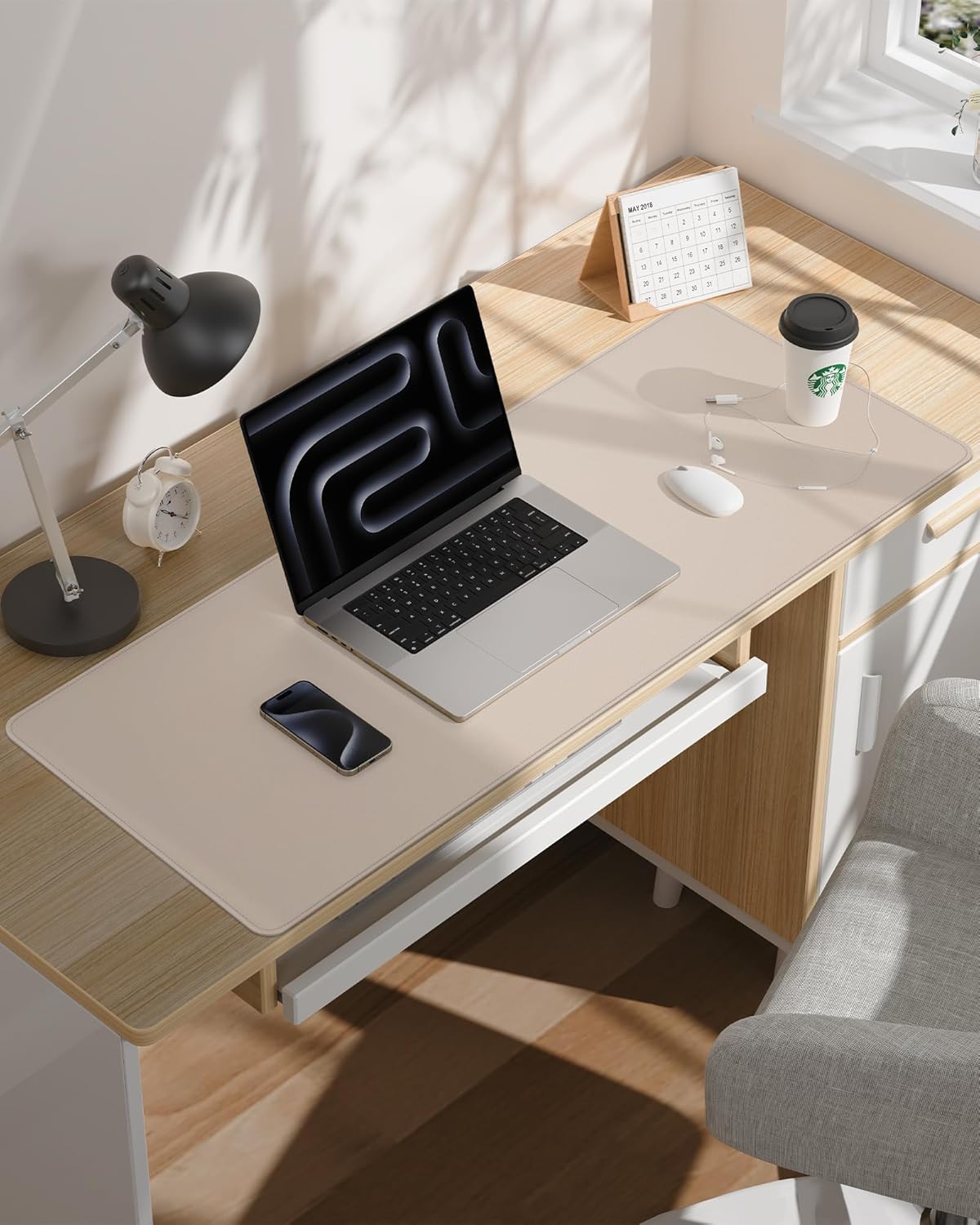 Extra Large Desk Pad Mat - Waterproof Mouse Pad & Desk Protector, Non-Slip XXL PU Leather Gaming Mat for Keyboard/Mouse, Stitched Edge with Ergonomic Support, 55"x24" (Beige)