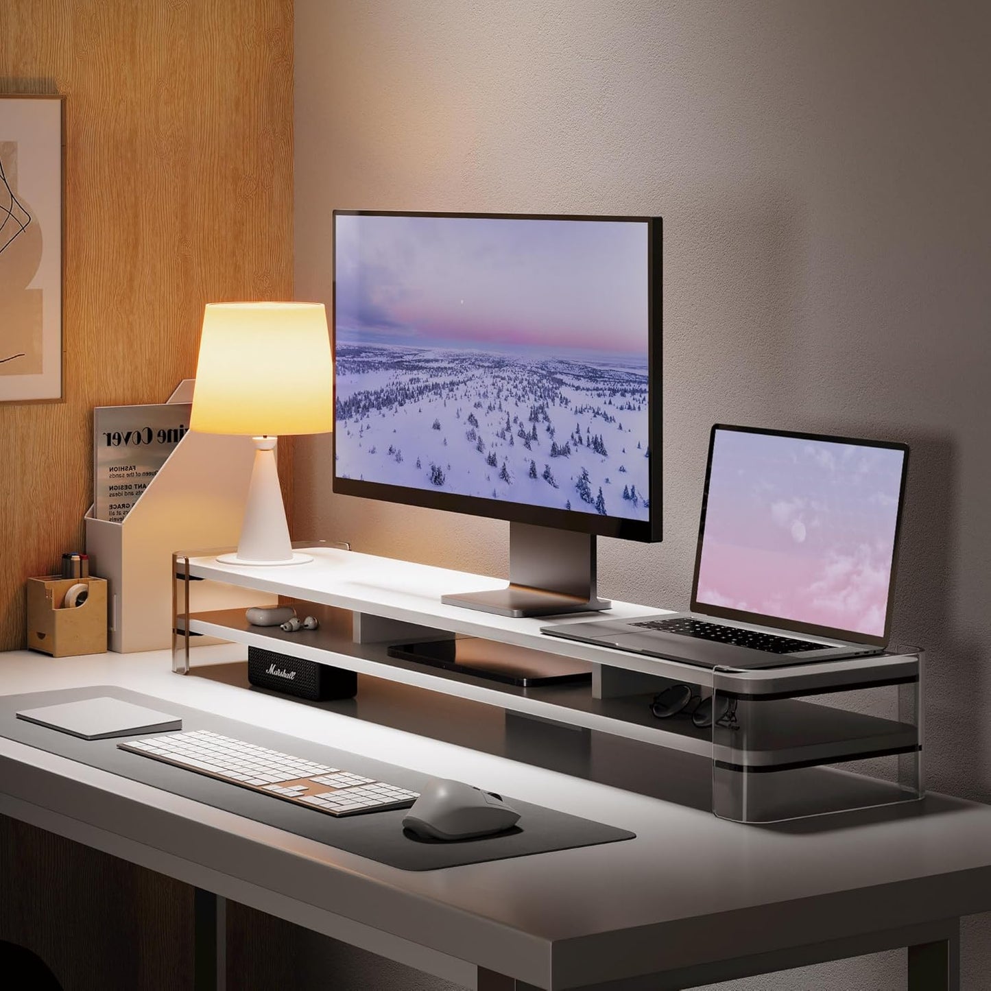 Fenge Acrylic Monitor Stand Riser, Clear Dual Acrylic Computer Monitor Stand for 2 Monitors, 2 Tier Wood Office Desk Storage Organizer for Laptop, Computer, TV Stand