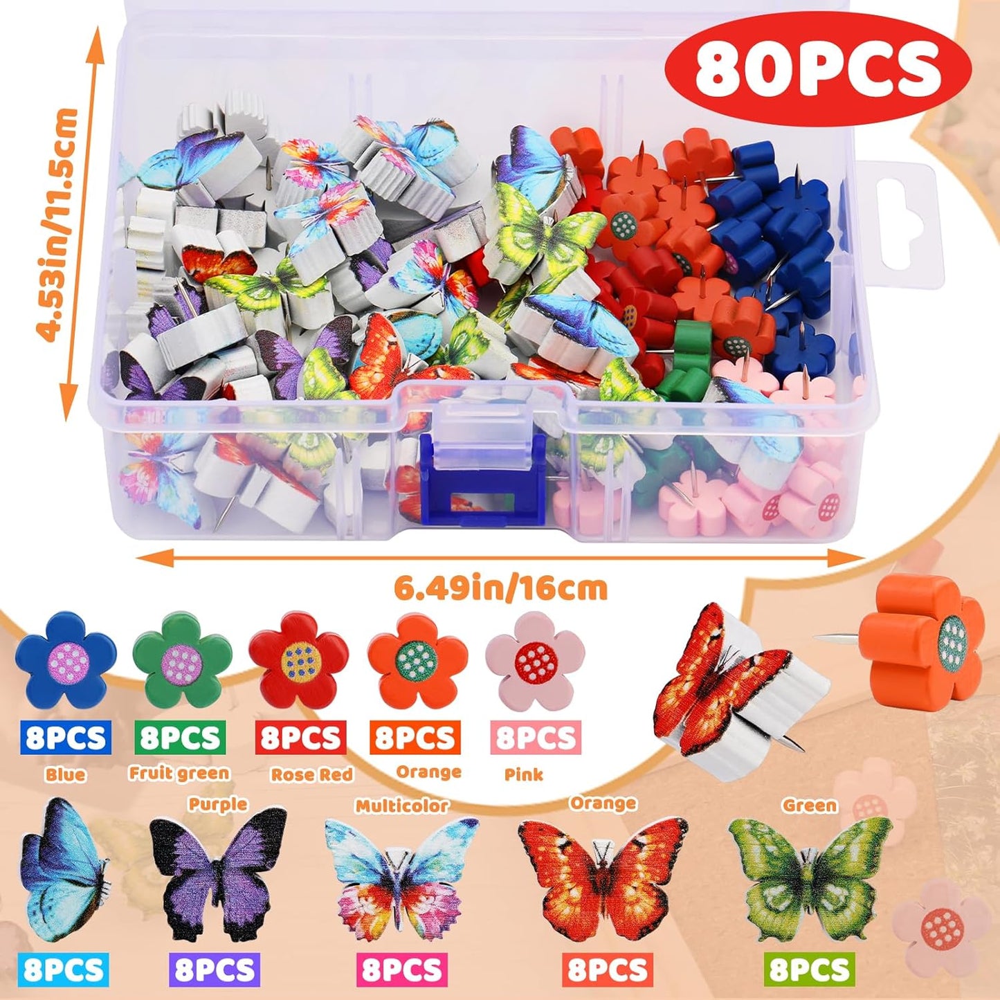 80 Pcs Push Pins for Cork Board, Decorative Thumb Tacks Wooden Push Pins Head Pin Wood Map Tacks Pin, Wood Thumb Tacks for Bulletin Boards Craft Projects with Storage Box-Flower and Butterfly