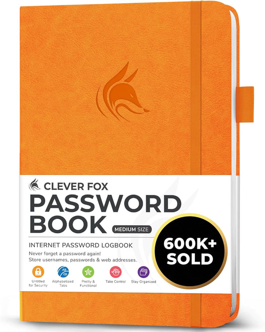Clever Fox Password Book with alphabetical tabs. Internet Address Organizer Logbook. Medium Password Keeper for Website Logins (Yellow)