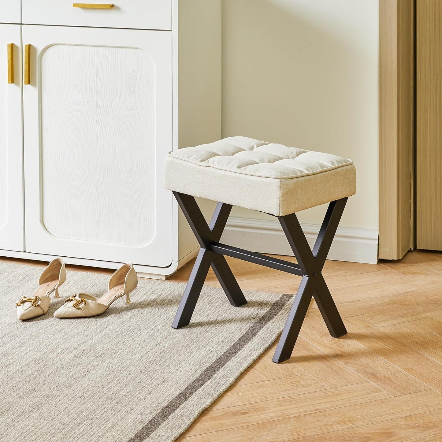 IBUYKE Square Makeup Stool with X-Leg Foot Rest, Linen Footrest, Ottoman Seat, Multi-Use as Small Side Table, for Bedroom, Living Room, Linen LG-70Y