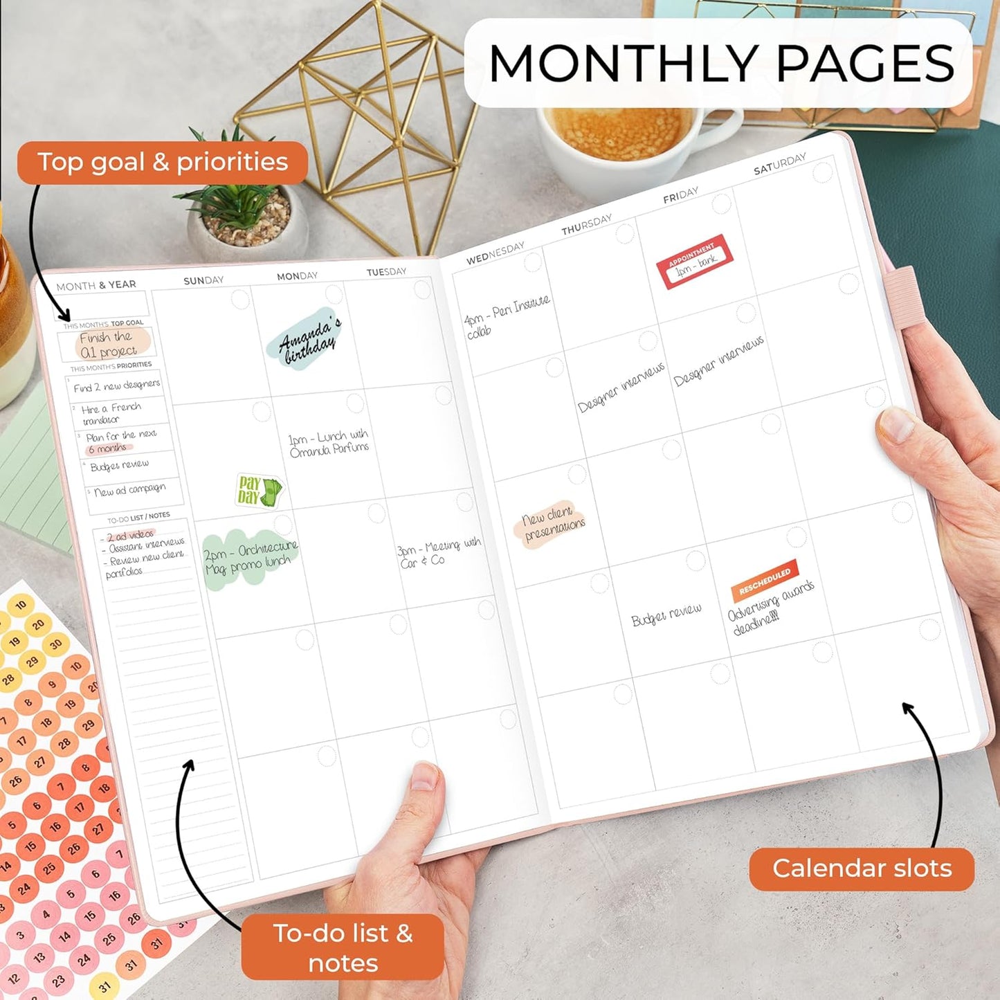 Clever Fox Appointment Book – Hourly Schedule Planner with 15-Minute Increments – Time Box Planner for Daily Work & To-Dos – Weekly & Monthly Spreads, Undated, Hardcover, 8.3x11″ (Rose Gold)