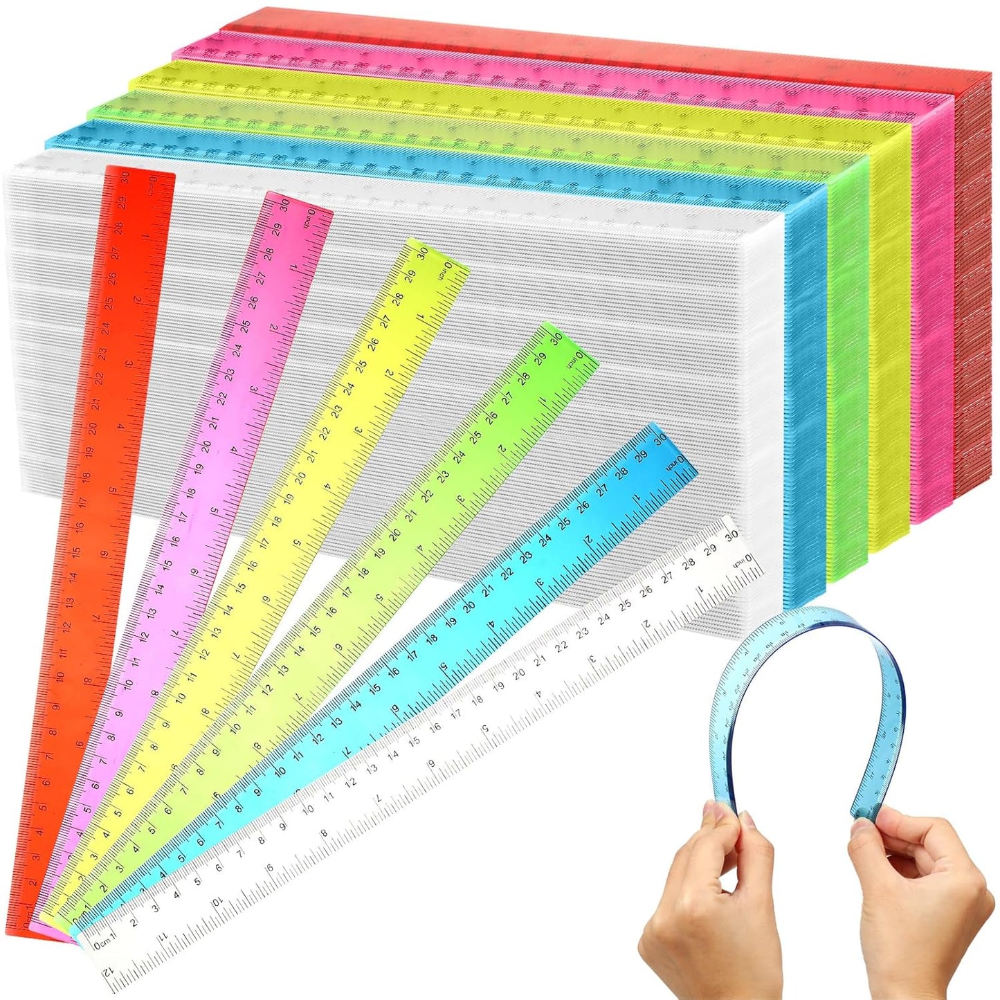 Fumete 600 Pack 12 Inch Plastic Rulers Bulk for Classroom Back to School Supplies Flexible Transparent Assorted Color Ruler with Centimeters and Inches for Office Teacher Student