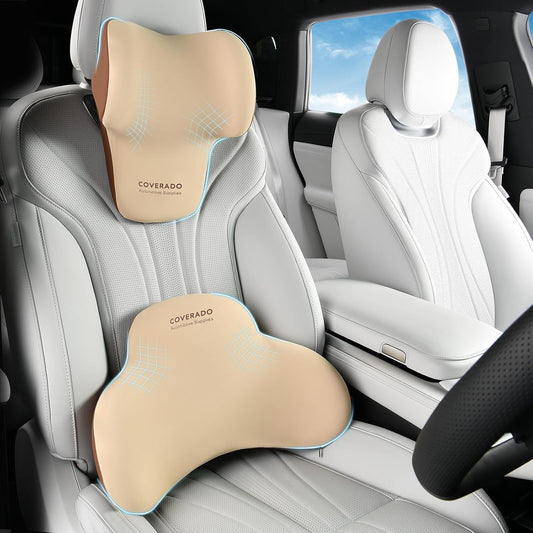 Coverado Lumbar Support and Car Neck Pillow, Ergonomic Memory Foam Desk Chair Cushion and Headrest Pillow for Car Office Chair, Sciatica & Neck & Tailbone Pain Relief Cushion-Beige