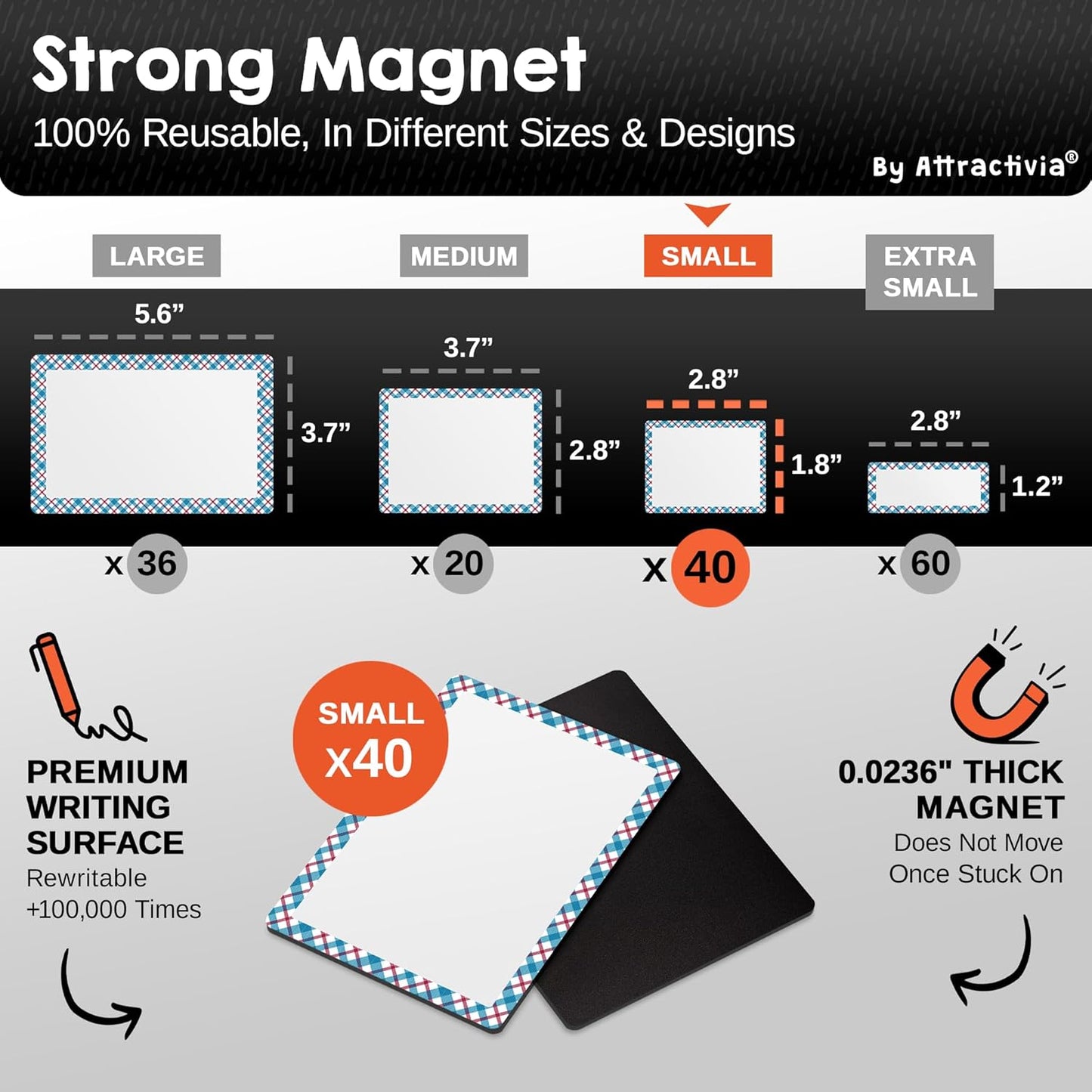 Dry Erase Magnetic Labels 2.8 x 1.8 in, Pattern Borders, Small Dry Erase Magnets, 40-Pack, Colored Erasable Write-On All-Purpose Labels, for Office, Education, Home, Whiteboard