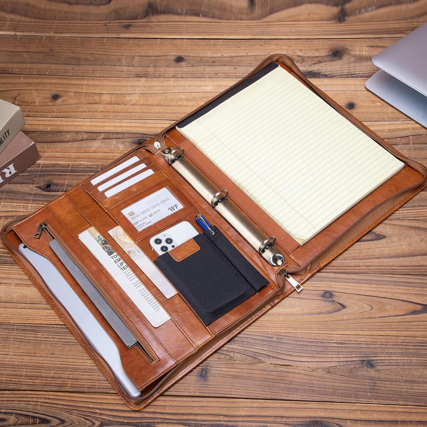 Genuine Leather Portfolio with 3 Ring Binder, Full Grain Leather Padfolio Zippered, A4 Notebook Holder Laptop Sleeve Professional Folder Organizer Gift for Men and Women, Brown, Oil Tanned
