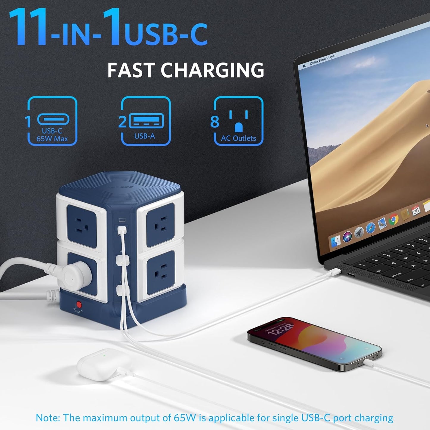 BESTEK PD 65W USB Power Strip Tower Surge Protector, Desktop Charging Station with 8-Outlet Widely Spaced AC Outlets with 2 USB-A USB-C PD3.0 Ports, 4.9ft Heavy-Duty Extension Cord for Home Office