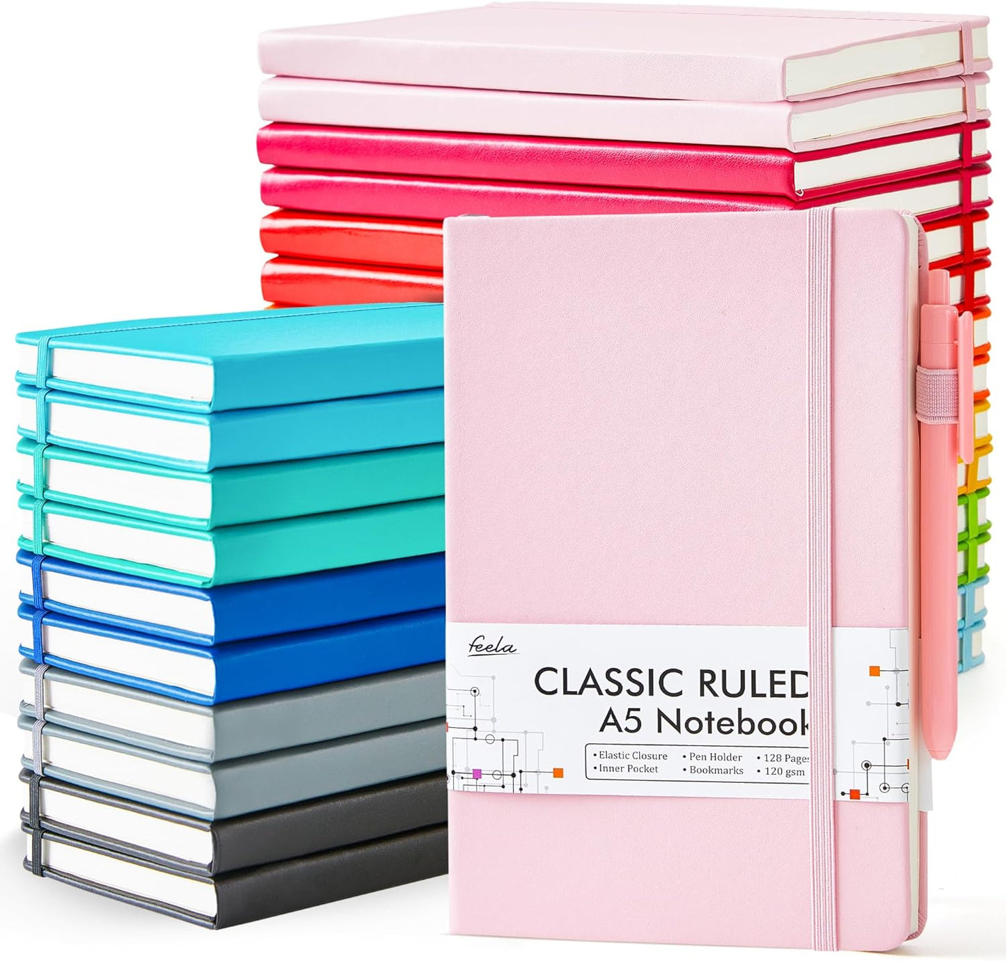 feela 24 Pack Journal Notebook Bulk for Work, Business Notebook Hardcover Lined Writing Journal with Pen Holder for Students Women Note Taking, with 24 Black Pens, 120 GSM, 5.1”x8.3”, A5, Solid Colors