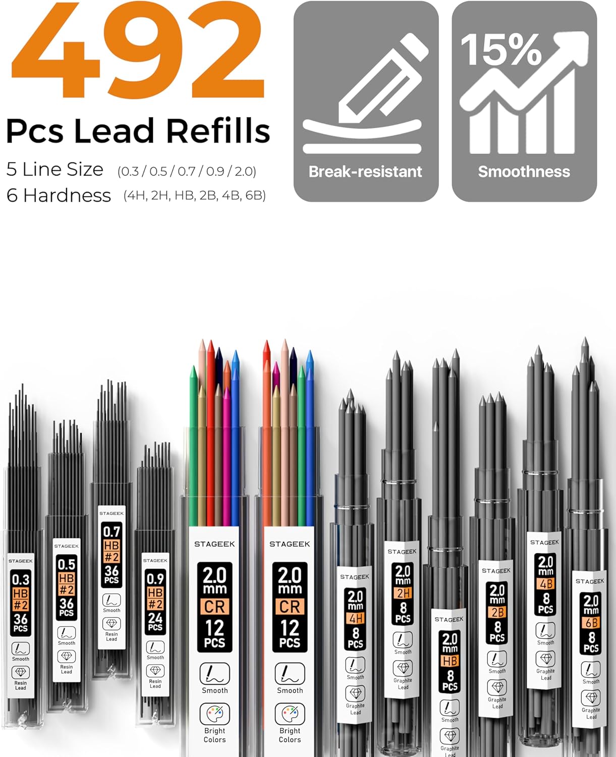 37PCS Art Mechanical Pencil Set, Drafting Pencil 5 Sizes- 0.3, 0.5, 0.7, 0.9MM & 2PCS 2.0MM Mechanical Drawing Pencils with 492PCS Leads (6B 4B 2B HB 2H 4H Color) for Artist Sketching Drawing