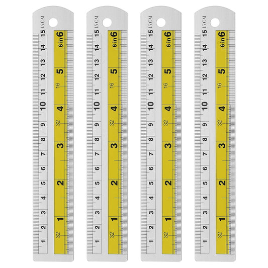 HARFINGTON 4pcs Metal Straight Ruler 15cm Metric SAE Aluminum Alloy Measuring Rulers Scale Tool with Hole for Measure Study Reading Classroom Office, Yellow
