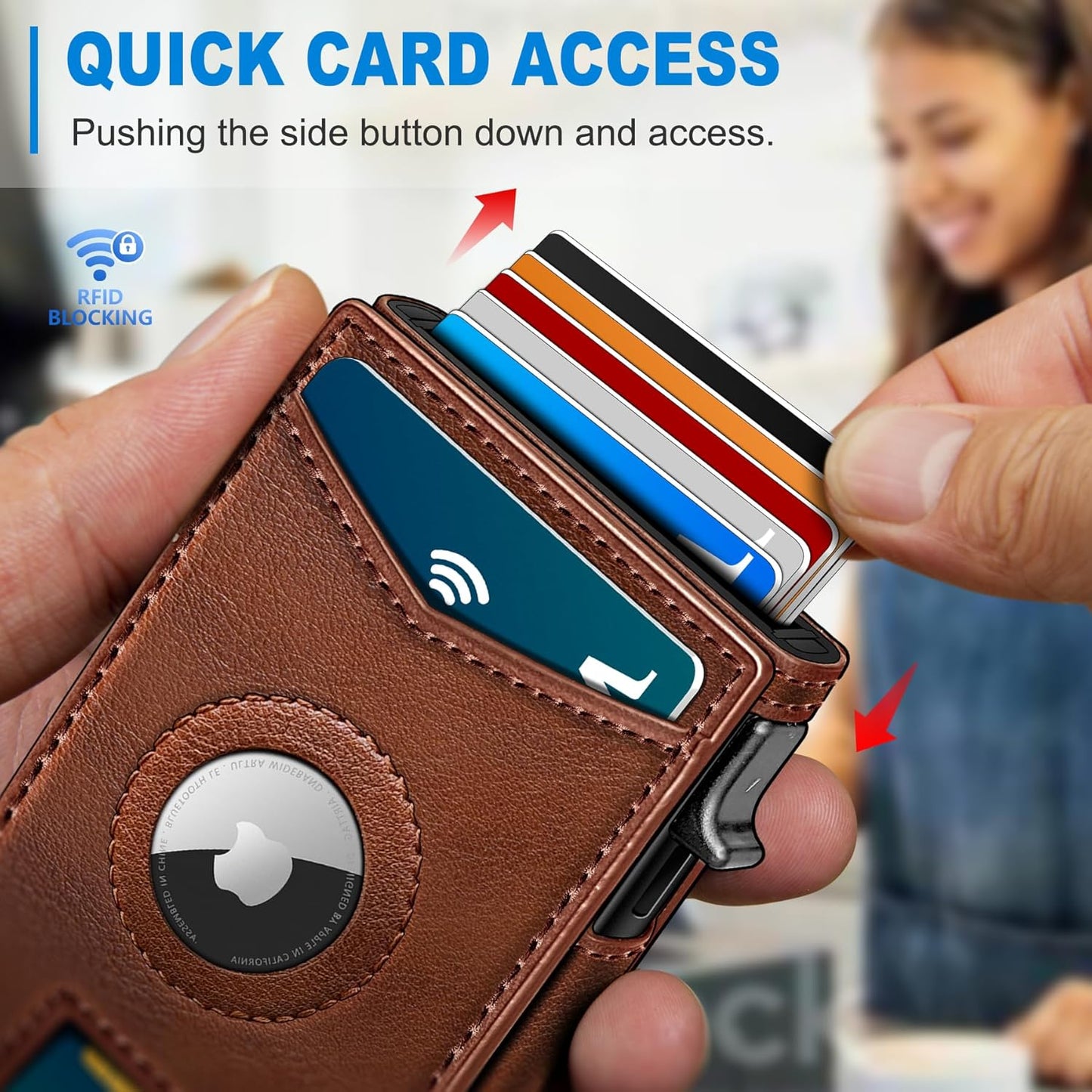 Airtag Wallet for Men,with Money Clip Gift Boxed,Slim Front Pocket Wallet RFID Blocking Metal Case Smart Pop-up Credit Card Holder in Magnetic Leather Flip