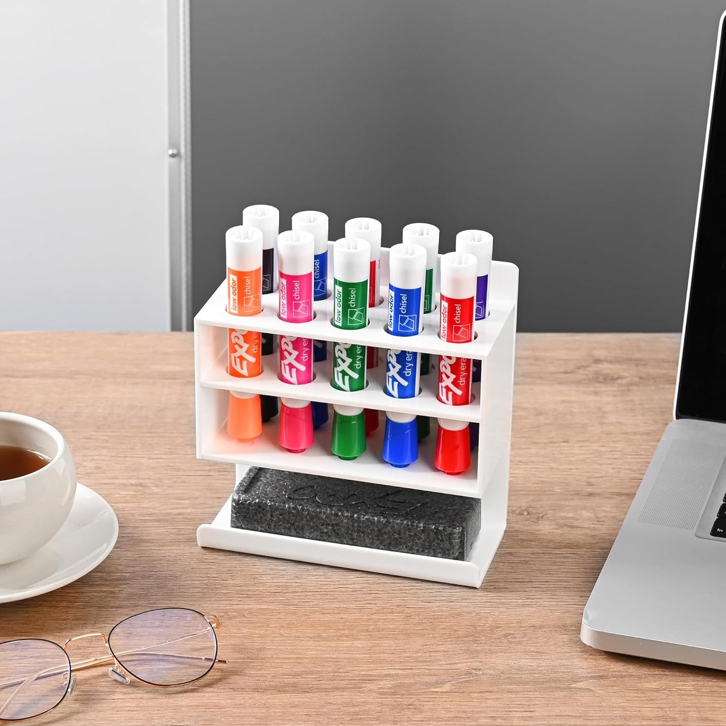 Dry Erase Marker Holder, Wall Mounted Acrylic Marker Holder with 10 Slots, Sticky Pen Storage for Classroom Organization, Whiteboard, Office, White