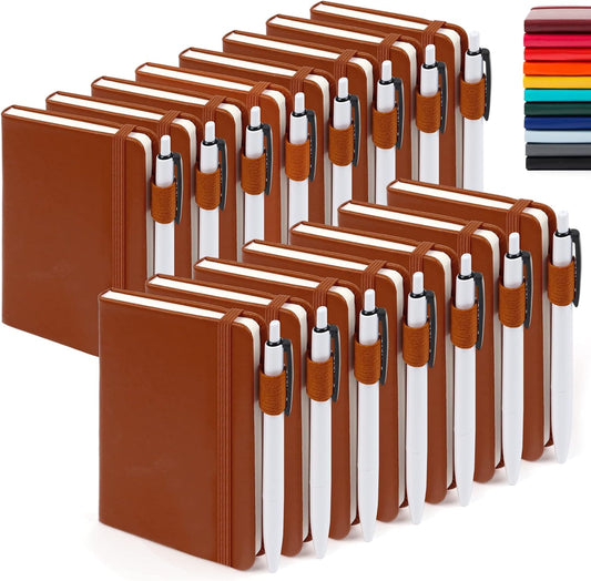 feela 15 Pack Pocket Small Notebooks Bulk, Mini Cute Notepads Hardcover College Ruled Lined Journals with Pen Holder for School Business Memos, with 15 Black Pens, 3.5”x 5.5”, A6, Brown