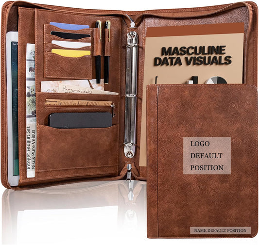 Calfinder Personalized Padfolios Portfolio Binder,3 Ring Leather Binder with Zipper,Professional Padfolios for Women&Men, Business Portfolio Organizer for Resume, Leather Folder for Ipad