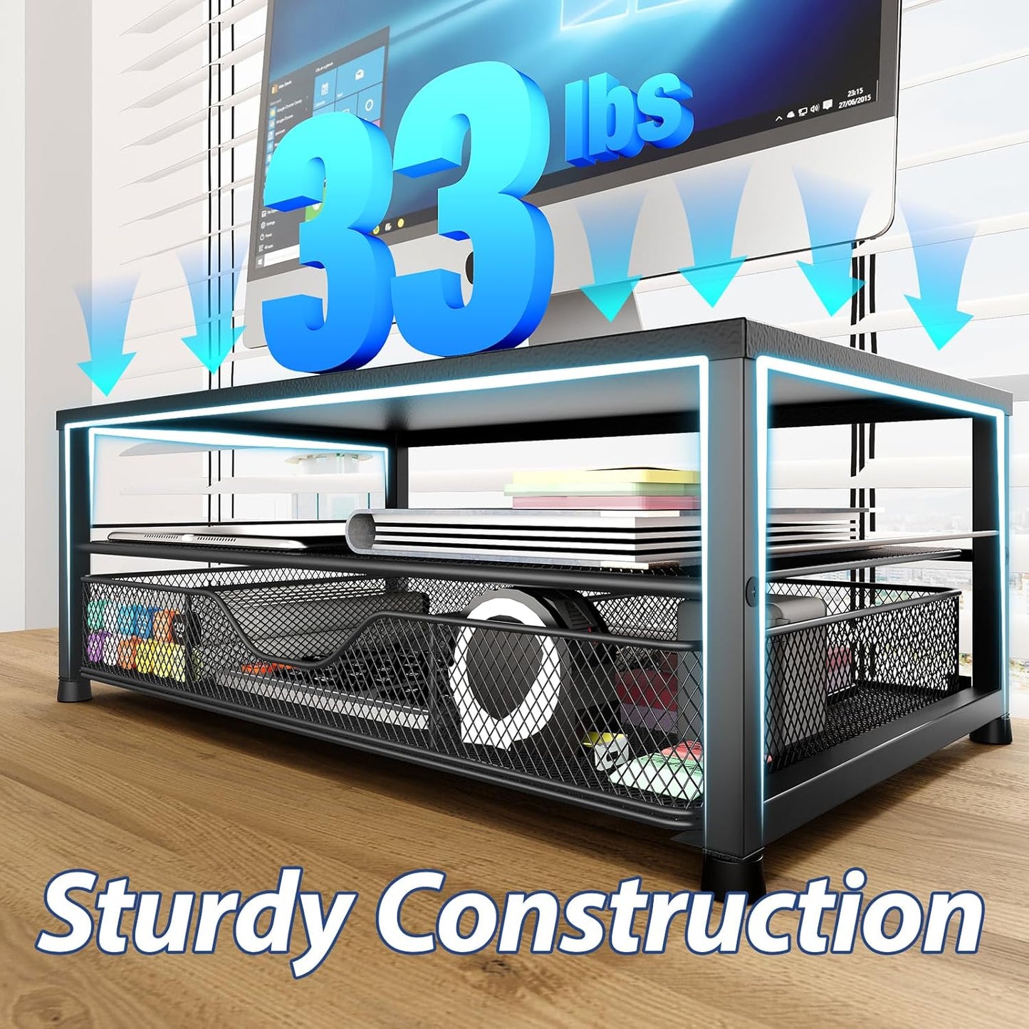 Desk Organizer and Accessories, 2-Tier Computer Monitor Stand Riser with Drawer and 2 Pen Holders, Laptop Stand, Office Desk Accessories for Office Supplies, Black 2-Pack