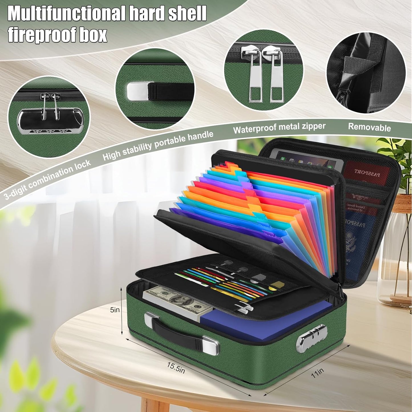 Fireproof Document Box, Hard Shell Fireproof Box, Document Organizer with Lock, Fireproof Water Resistant box, Portable Documents Safe Box for Important Document Certificates, Laptop, Passports, Green