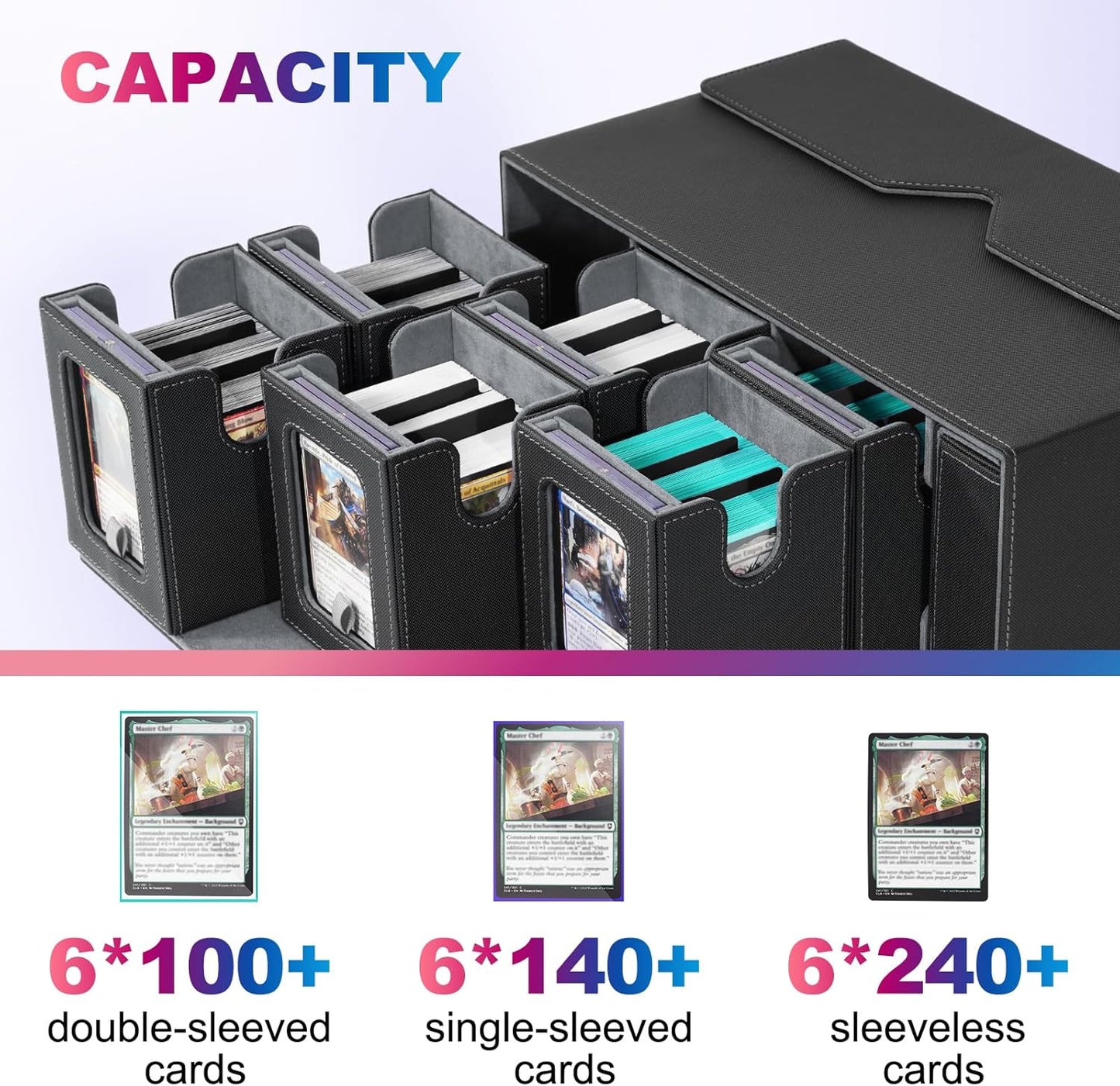 Commander Deck Box for MTG, 6-Deck Modular Card Case with Dice Tray Holds 600+ Double-sleeved Cards, Removable Trading Cards Storage Box with 35PT Magnetic Card Holders for TCG, Black Grey