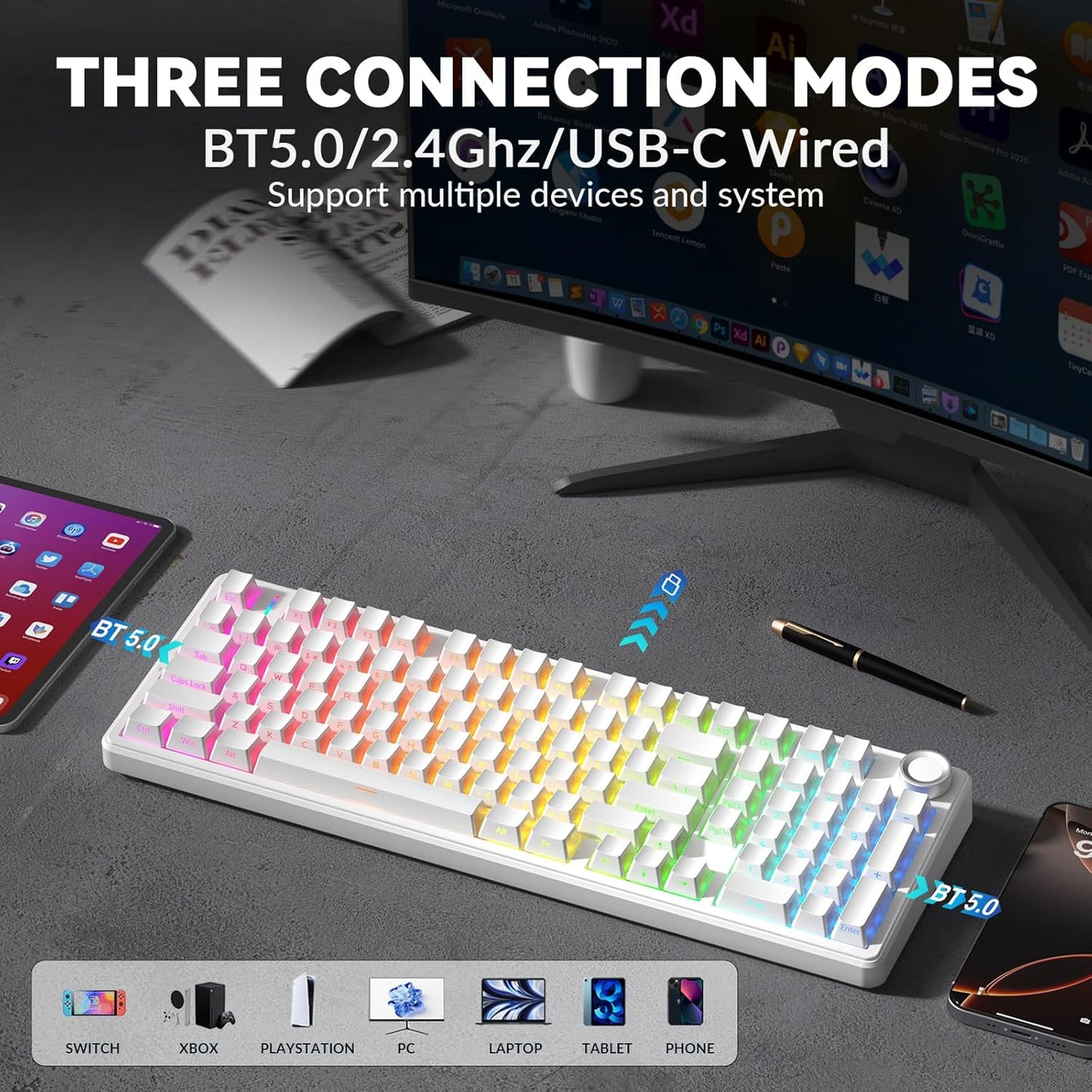 AULA F99 Pro Wireless Mechanical Keyboard-Silent Version,BT5.0/2.4GHz/USB-C Hot Swappable Custom Keyboard,Gasket Structure,Pre-lubed Linear Switches RGB Backlit Computer Gaming Keyboards,White