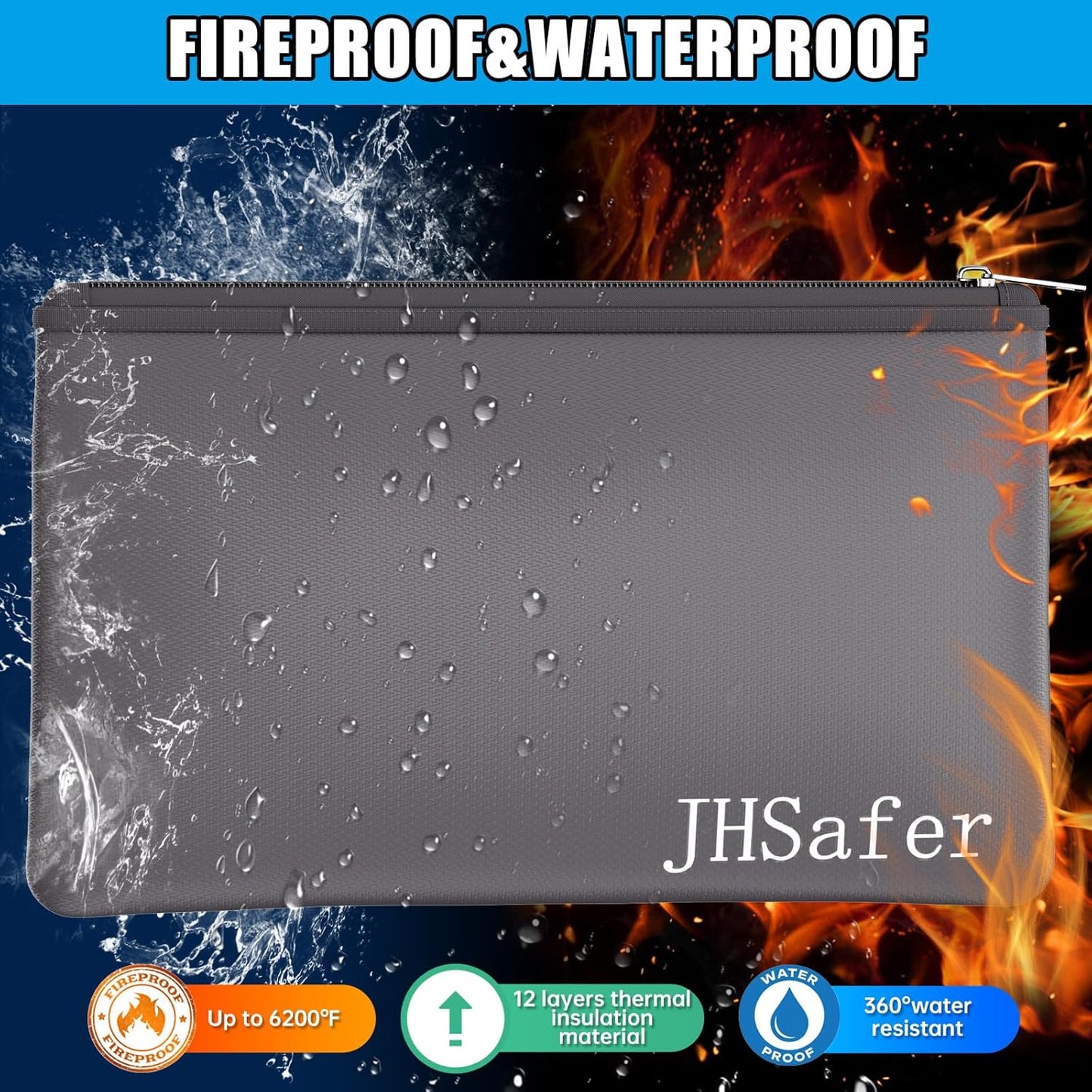 6400℉ Fireproof and Waterproof Money Bags 2pcs with Zipper,11''x6.3'' Fireproof Cash Bag with Zipper,Fireproof Wallet Envelope Safe Pouch Fireproof Bags for Cash Passports Keys Jewellery (Gray)