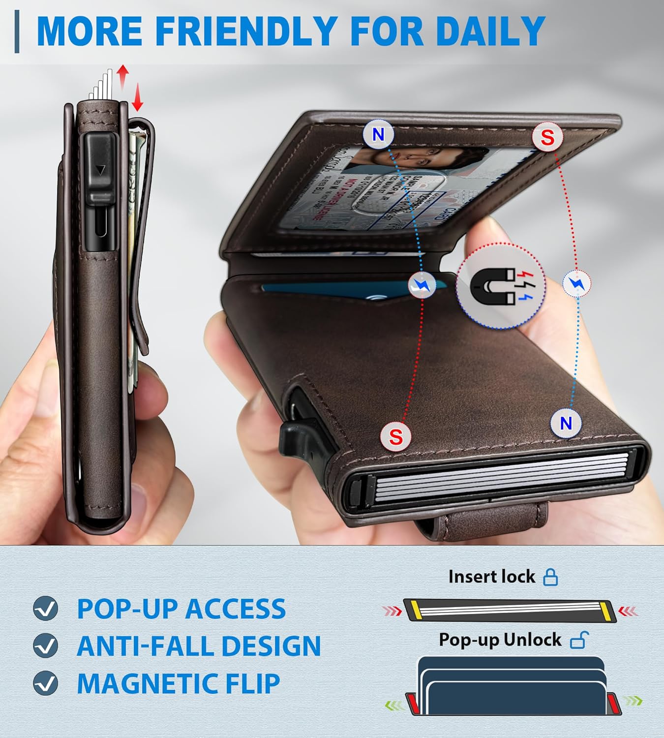 Airtag Wallet for Men,with Money Clip Gift Boxed,Slim Front Pocket Wallet RFID Blocking Metal Case Smart Pop-up Credit Card Holder in Magnetic Leather Flip