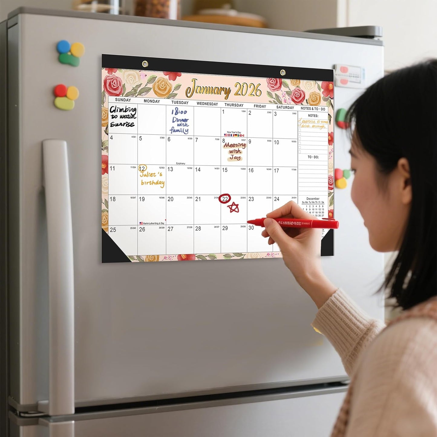 2026-2027 18-Month Large Desk Calendar with 2 Stickers & Hanging Rope - 17"x12" Watercolor Floral Desktop or Wall Calendar | Holiday Marks & Year Countdown | for Office, Homeschool, Teacher Planning (Jan 2026 - Jun 2027)