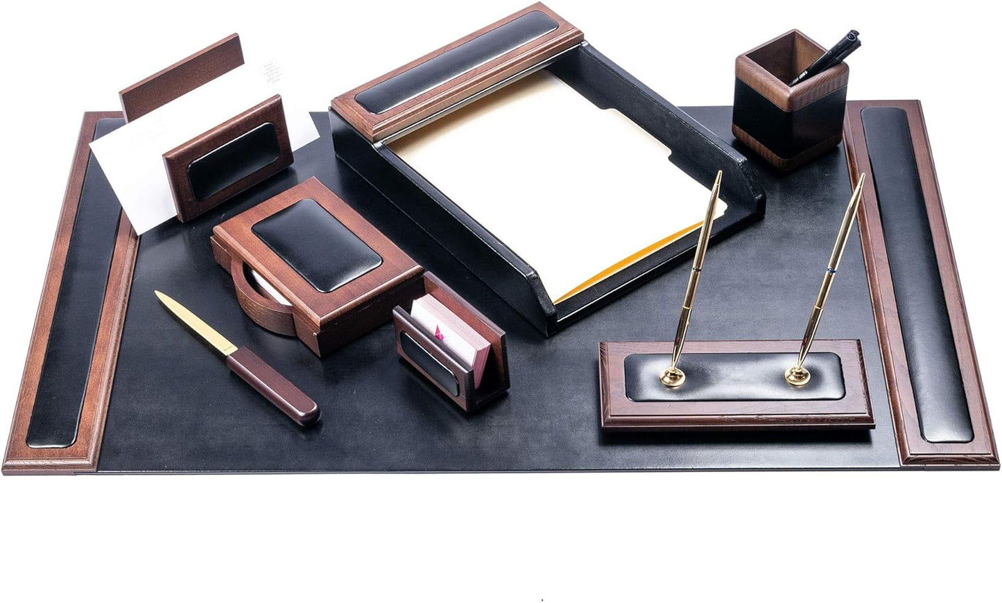 Dacasso Wood & Leather Desk Set - Luxury Leather Desk Pad & Desk Organization Essentials - Office Organization & Executive Desk Decor - (Walnut and Black, 8 Piece)