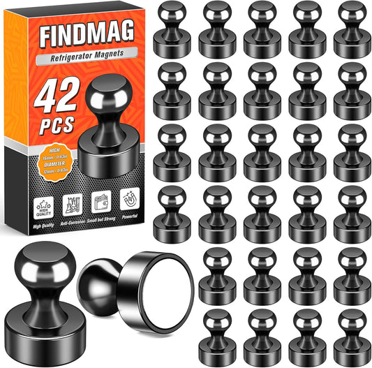 FINDMAG Strong Fridge Magnets, Small Meal Magnets for Whiteboard, Black Push Pins for Refrigerator, Home, Classroom, Bulletin Board, Pack of 42