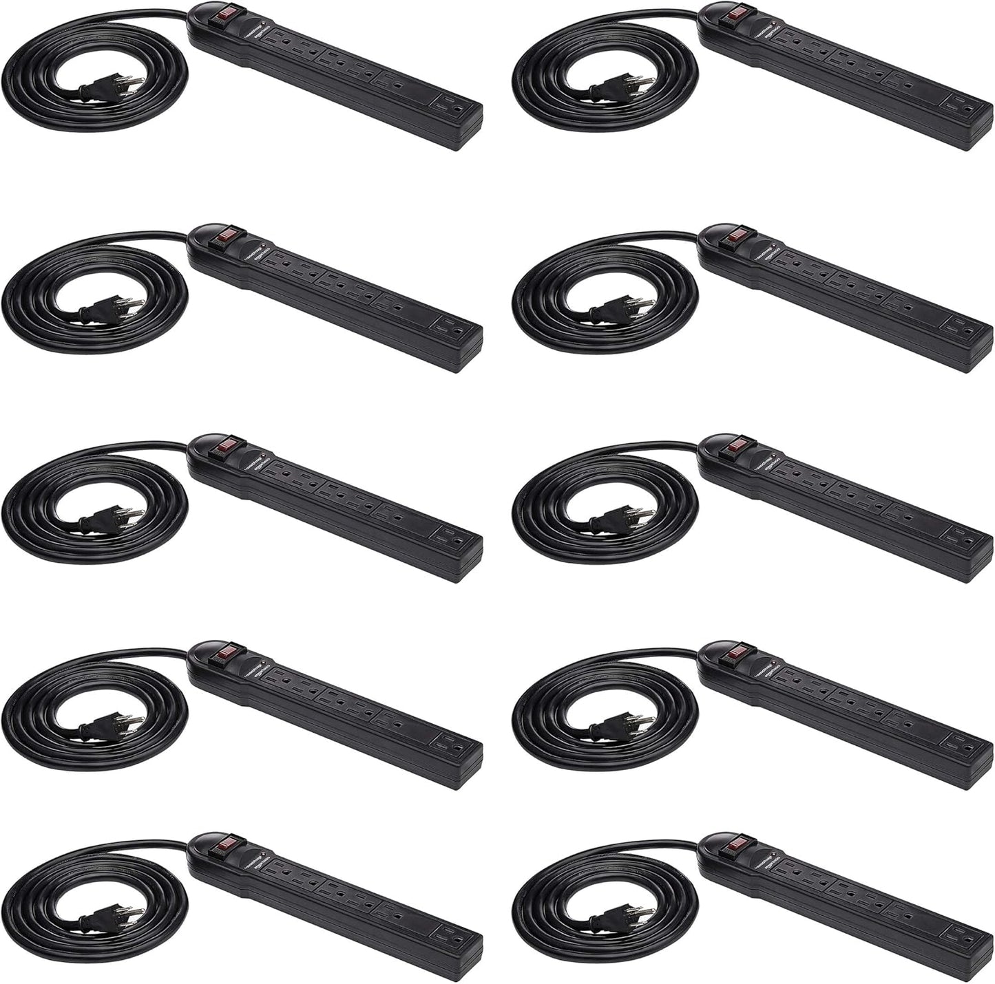 Amazon Basics Surge Protector Power Strip, 6-Outlet, 790 Joules, LED Indicator, 6ft Extension Cord, 10-Pack , Black