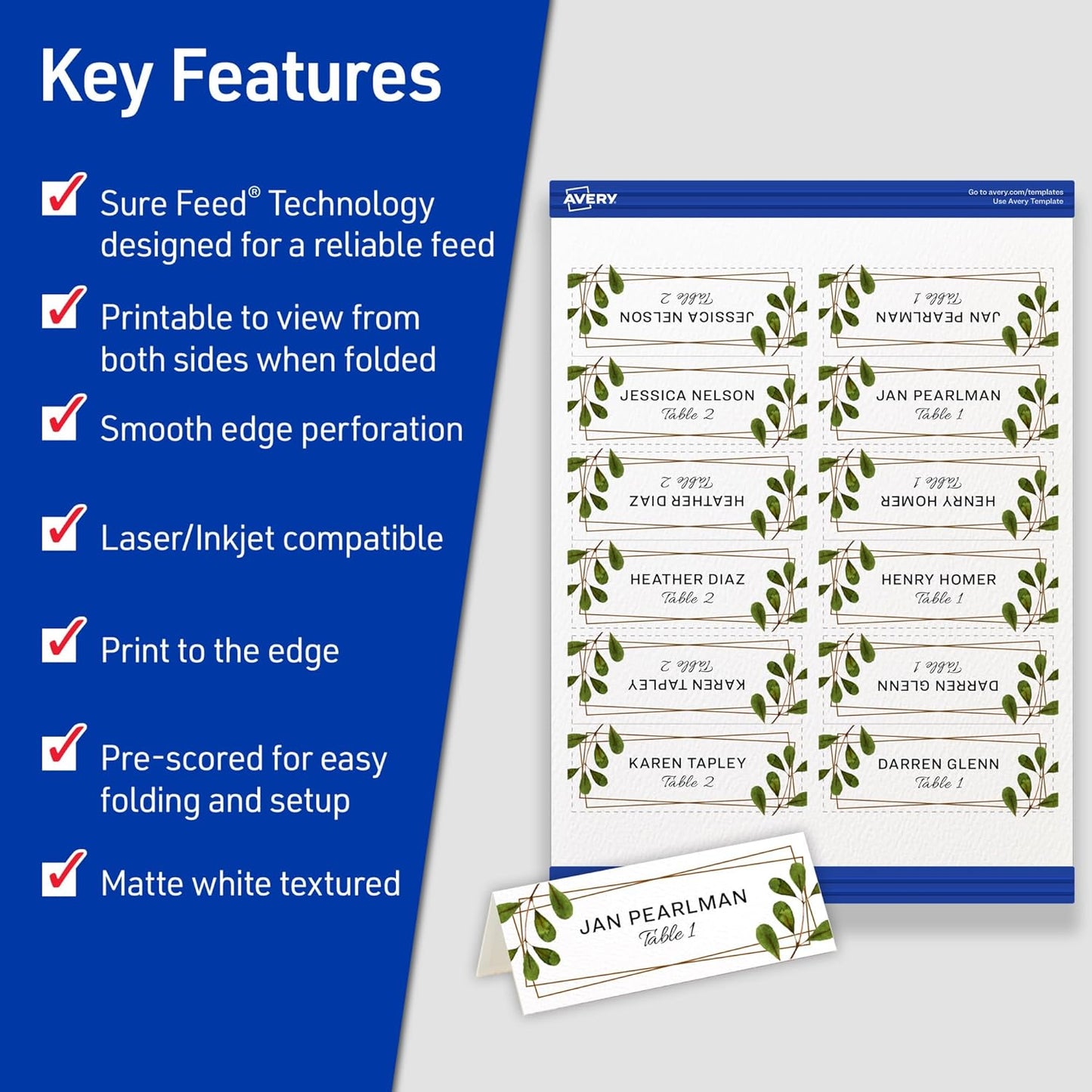 Avery Printable Place Cards with Sure Feed Technology, 1-7/16" x 3-3/4", Textured White, 150 Blank Tent Cards for Laser or Inkjet Printers (16109)