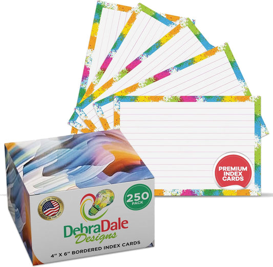 Artistic Flair 250-Pack Ruled Index Cards - 4"x6" - 140# Premium Cardstock with Paint Splatter Design - Elegantly Boxed - Made in USA