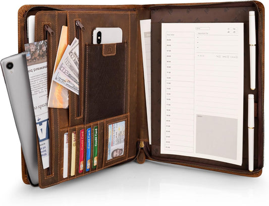 Full Grain Leather Portfolio Padfolio with Zipper, Professional Business Organizer for Men Women, Executive Resume Folder with A4 Notepad Holder, Card Slots, Pen Loop, 10x13'', Luxury Gift Set