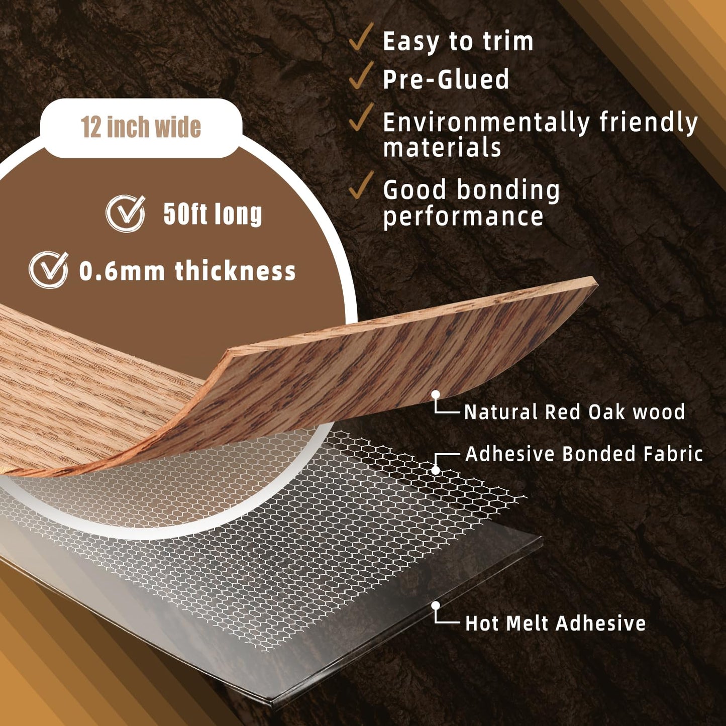 GSCIT Club Oak Wood Veneer, 12 inch x 50ft Wood Red Oak Edge Banding Pre-glued Flexible, Veneer Tape Banding for Cabinet Repair Furniture Restoration