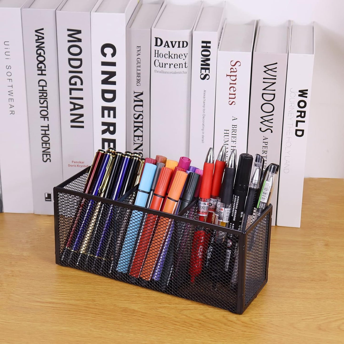 2PCS Black Mesh Pen Pencil Holder, Small Metal Desk Organizer Desktop Stationery Office Supplies Acessories Storage Stand, 3 Compartments Brushes Holder for Home School Classroom Teachers