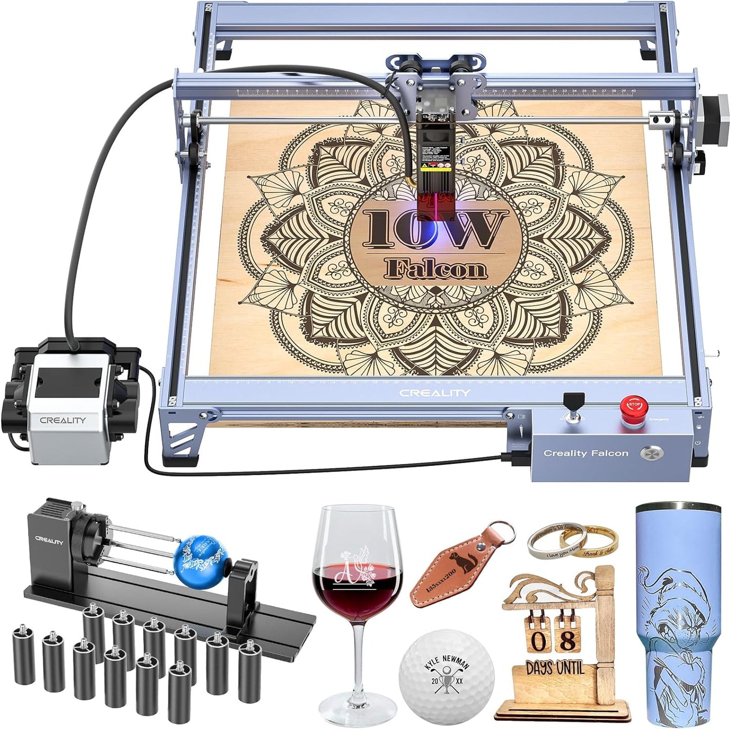 Creality 10W Laser Engraver, Falcon Pro with 3-in-1 Laser for Wood Engraving, 72W Efficient Laser Engraving Machine Fit, for Wood, Metal, Paper, Acrylic, Leather, Glass Tumbler Ring, 17" x 16"