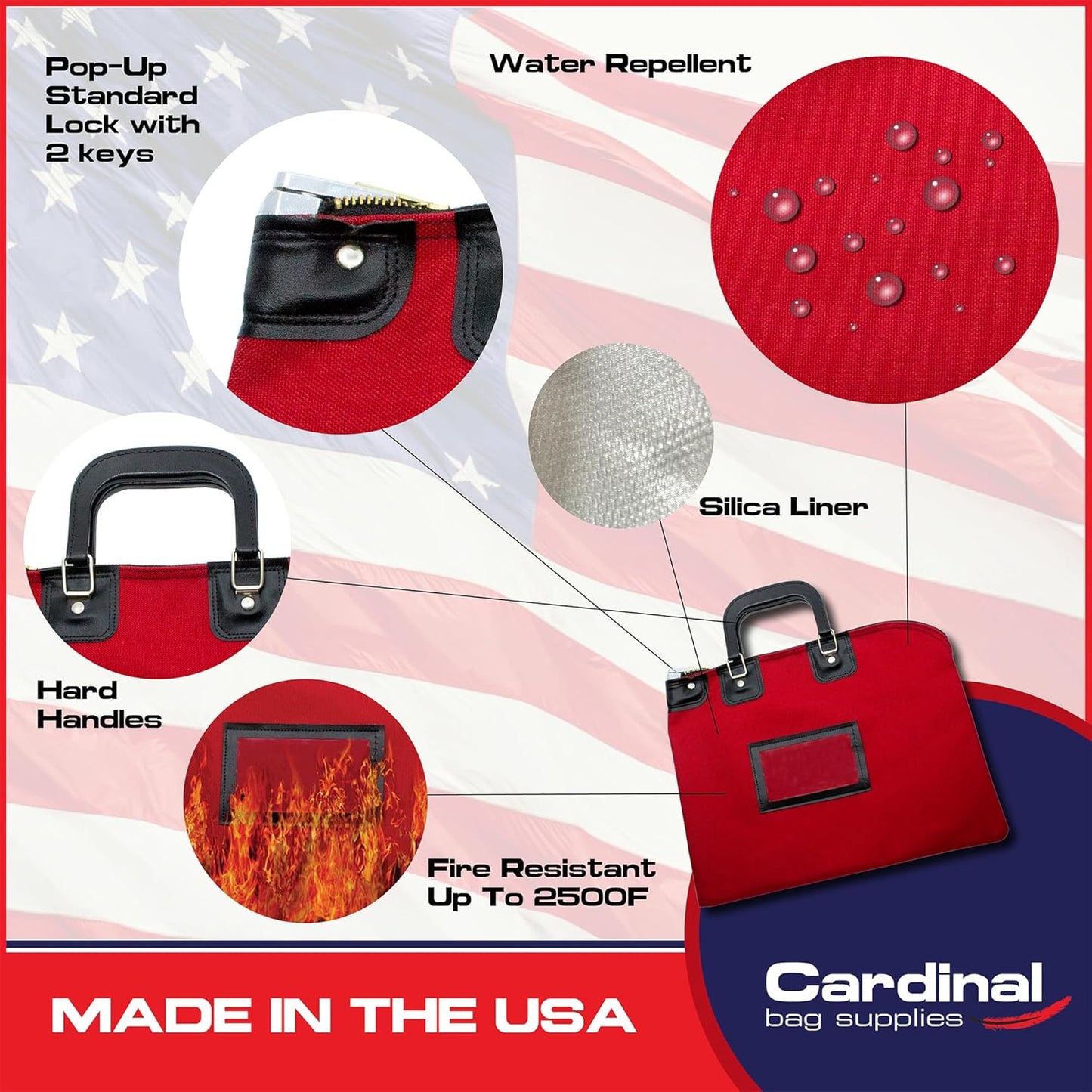 Fire Resistant Security Money Bag with Lock, Water Repellent, Safe Storage, Protects Important Valuables, 15 x 11 Inch (Red)