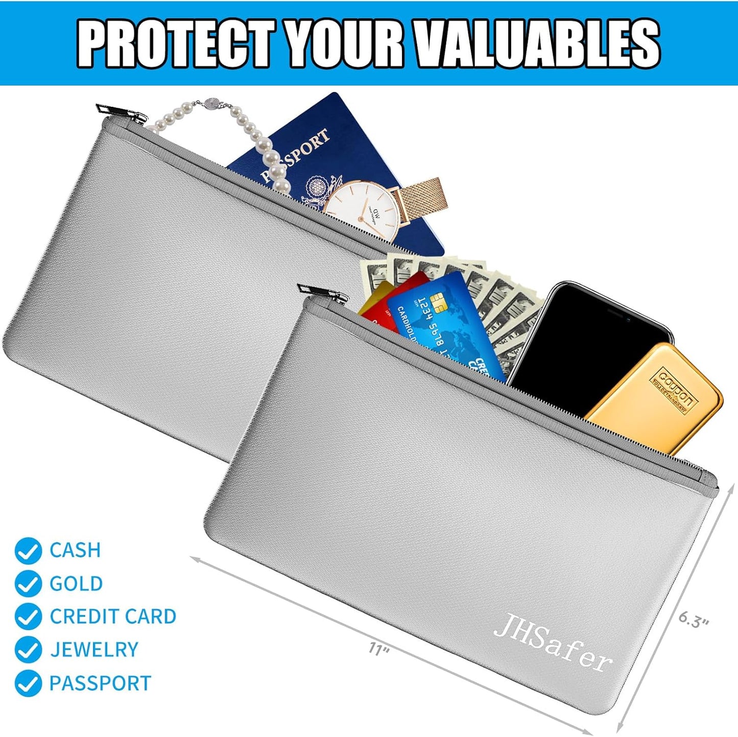 6400℉ Fireproof and Waterproof Money Bags 2pcs with Zipper,11''x6.3'' Fireproof Cash Bag with Zipper,Fireproof Wallet Envelope Safe Pouch Fireproof Bags for Cash Passports Keys Jewellery (Silver)