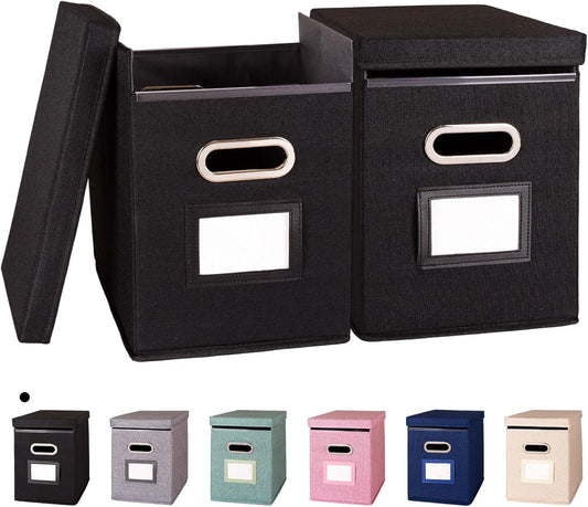 2 Pack Hanging File Folders Organizer with Lid, Letter Size Fabric File Storage Box Collapsible, Portable Office Document Holder with Metal Handle, Smooth PVC Rails, Black