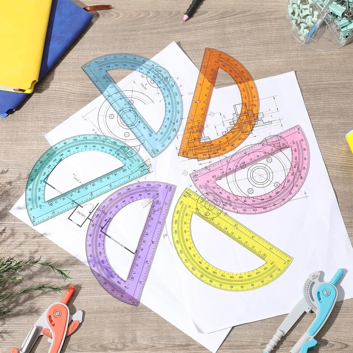Chengu 6 Set Compass and Protractor Set, Multicolor Compass Geometry Tool 6 Inch 180 Degree Translucent Protractors for Geometry, Math Graphing Drawing Tools for Office and School Supplies