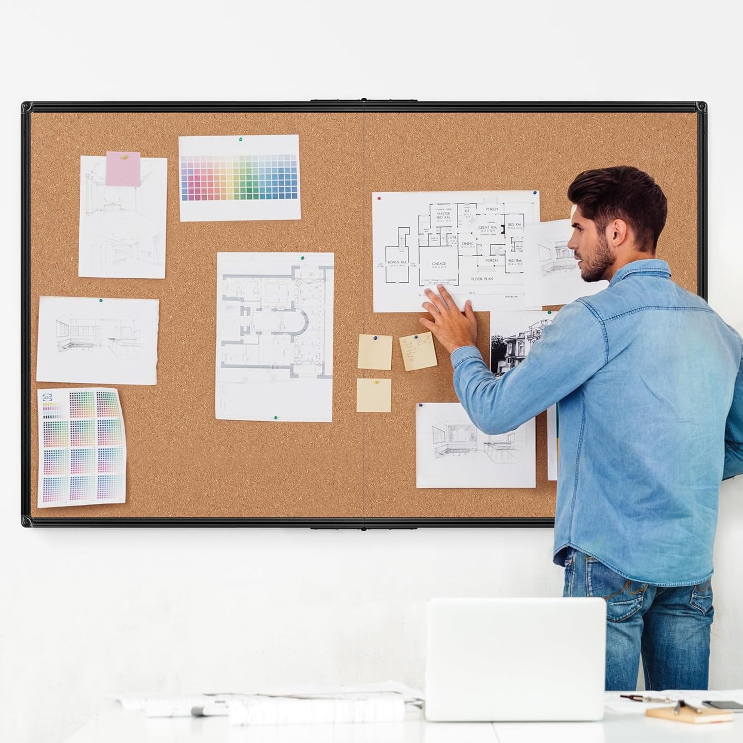 Board2by Extra Large Cork Bulletin Board 72" X 48", Foldable Notice Pin Board for Wall, Black Aluminium Framed 6'x4' Corkboard, Wall Mounted Noticeboard with 32 Push Pins for School, Home & Office