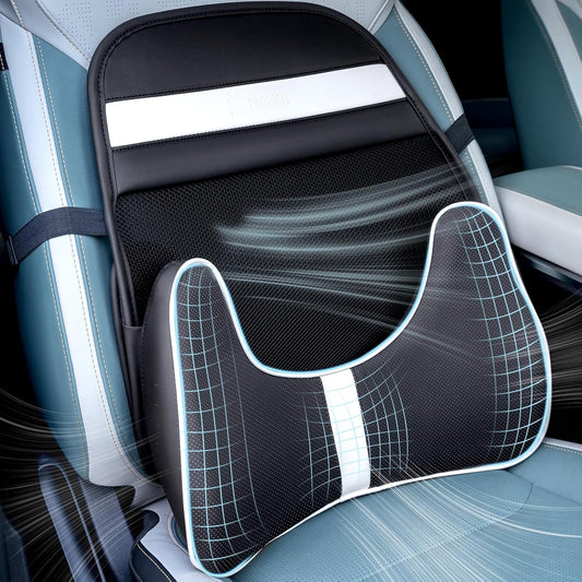 FLORICH Double Layer Breathable Mesh Lumbar Support Ergonomic Leather Lumbar Support Pillow with 3D Mesh Back Support and Adjustable Strap for CarSeat & Office Chair
