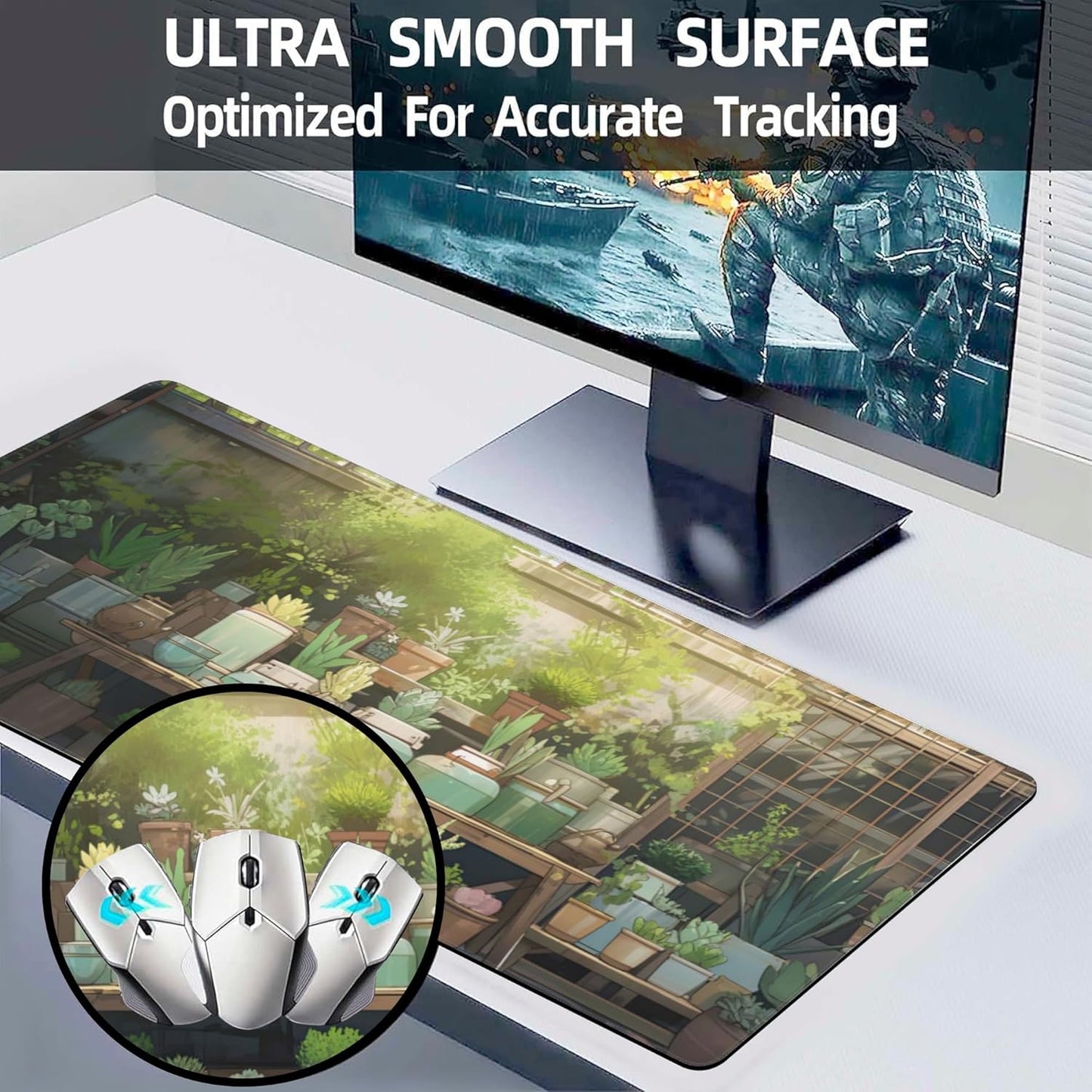 Desk Mat, Cute Lofi Green Extended Large Gaming Mouse Pad for Desk XXL, Non-Slip Rubber Base Stitched Edges Waterproof Long Computer Keyboard Desk Pad Mouse Mat for Home Office Gaming 35.4"X15.7"