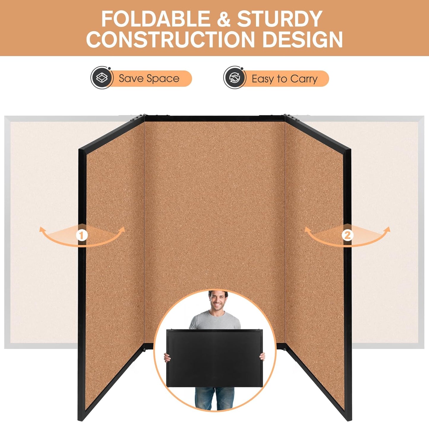 Board2by Extra Large Cork Bulletin Board 96" X 48", Foldable Notice Pin Board for Wall, Black Woodm Framed 8'x4' Corkboard, Wall Mounted Noticeboard with 32 Push Pins for School, Home & Office