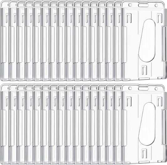25 Pieces Vertical 2 ID Badge Holder Heavy Duty Plastic ID Card Holder Transparent Protector Clear Badge Protector Cover Sleeve Protective Cover with Thumb Slot for Credit Card