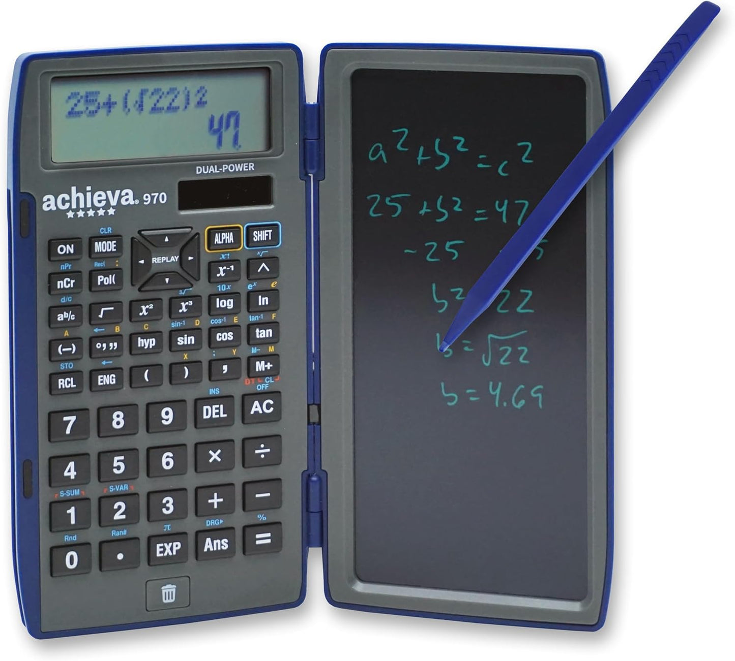 Achieva Scientific Calculator with Erasable LCD Writing Tablet | 2-Line Display | Dual Solar & Battery Power | for Students in Middle School, High School (970)