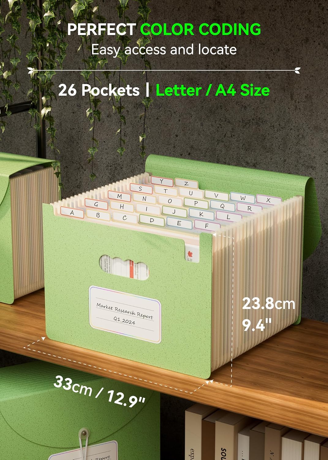 Accordion File Organizer, 26 Pockets Wheat Straw Expanding File Folder, Monthly Bill Receipt Organizer, A-Z Tabs, 100% BPA Free, Return to Nature, Healthy Living, Letter/A4 Size - Mint Green