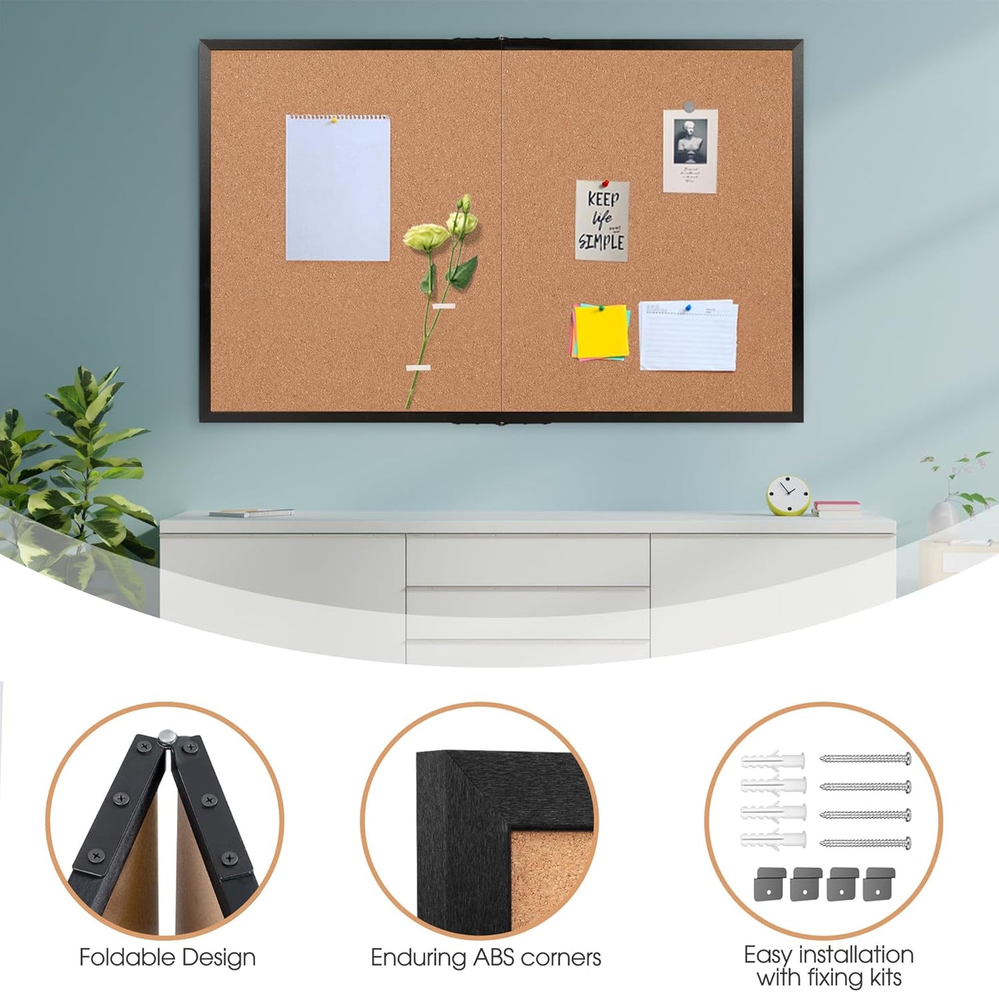 Board2by Extra Large Cork Bulletin Board 60" X 36", Foldable Notice Pin Board for Wall, Black Wood Framed 5'x3' Corkboard, Wall Mounted Noticeboard with 36 Push Pins for School, Home & Office
